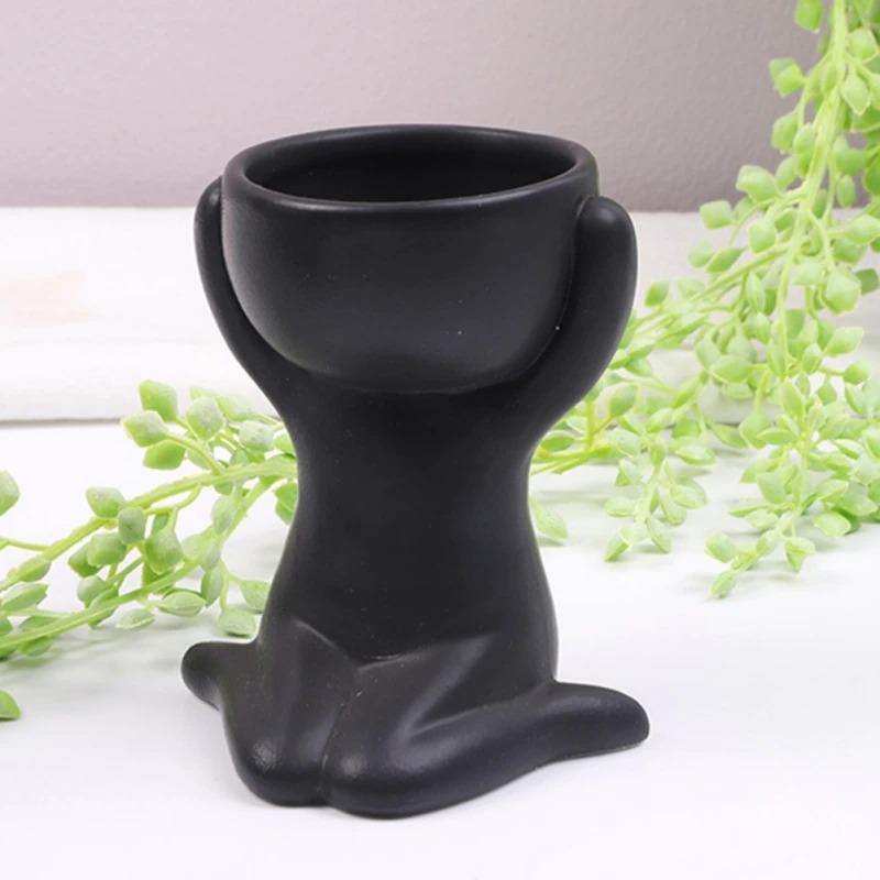 Little Human Ceramic Succulent Planter Sitting on Knees / Black | Lily & Eden