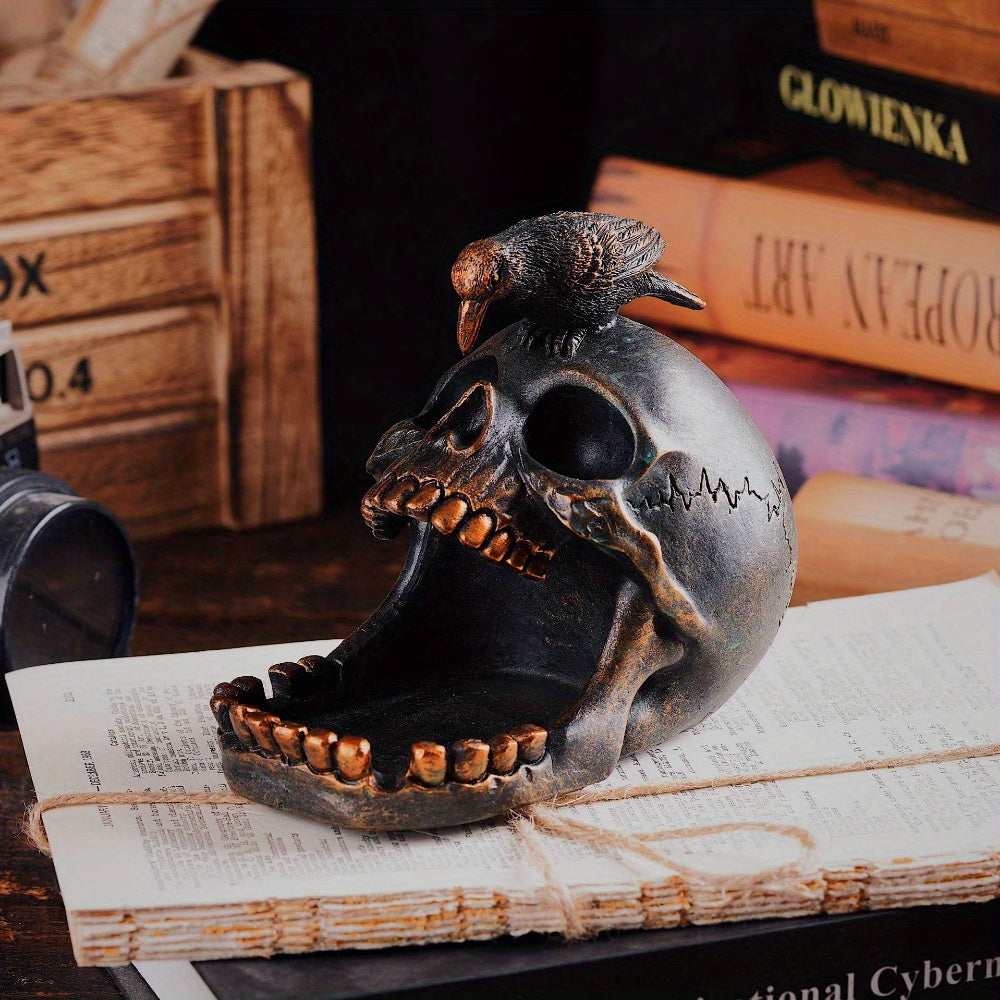 Raven Skull Ashtray – Gothic Resin Ash Holder for Dark Home Decor