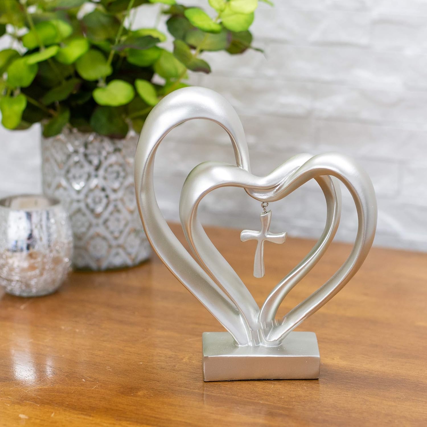 Wooden Intertwined Heart Sculpture with Cross – Christian Marriage Keepsake Décor