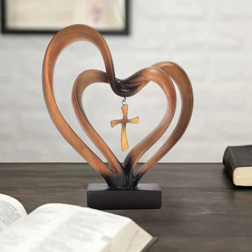 Wooden Intertwined Heart Sculpture with Cross – Christian Marriage Keepsake Décor