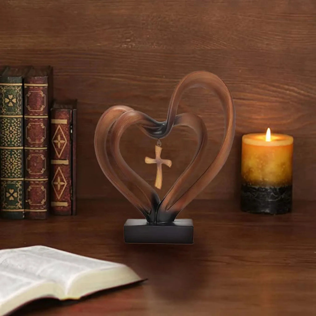 Wooden Intertwined Heart Sculpture with Cross – Christian Marriage Keepsake Décor