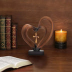 Wooden Intertwined Heart Sculpture with Cross – Christian Marriage Keepsake Décor