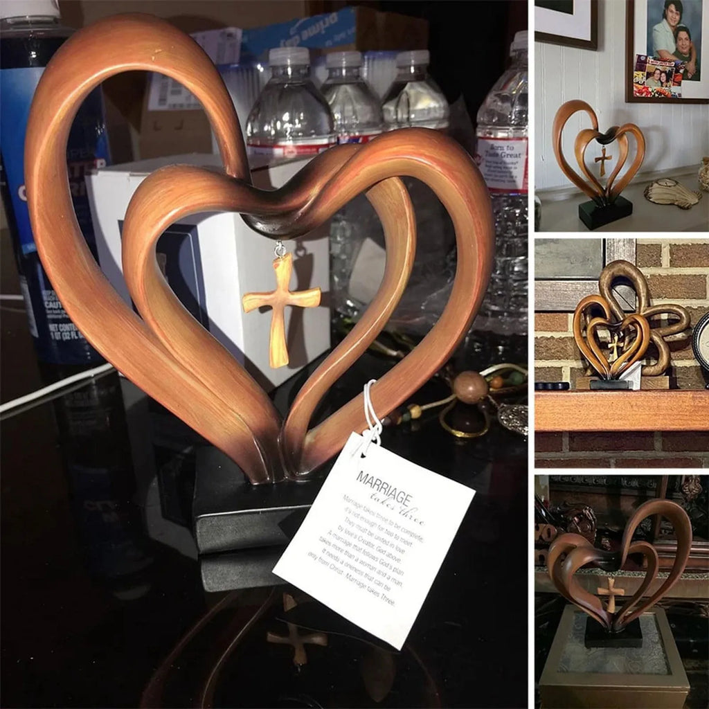 Wooden Intertwined Heart Sculpture with Cross – Christian Marriage Keepsake Décor