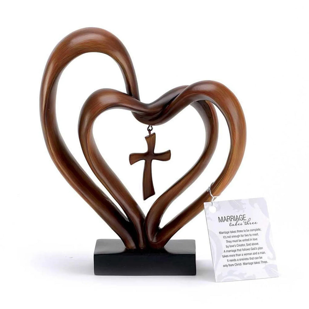 Wooden Intertwined Heart Sculpture with Cross – Christian Marriage Keepsake Décor