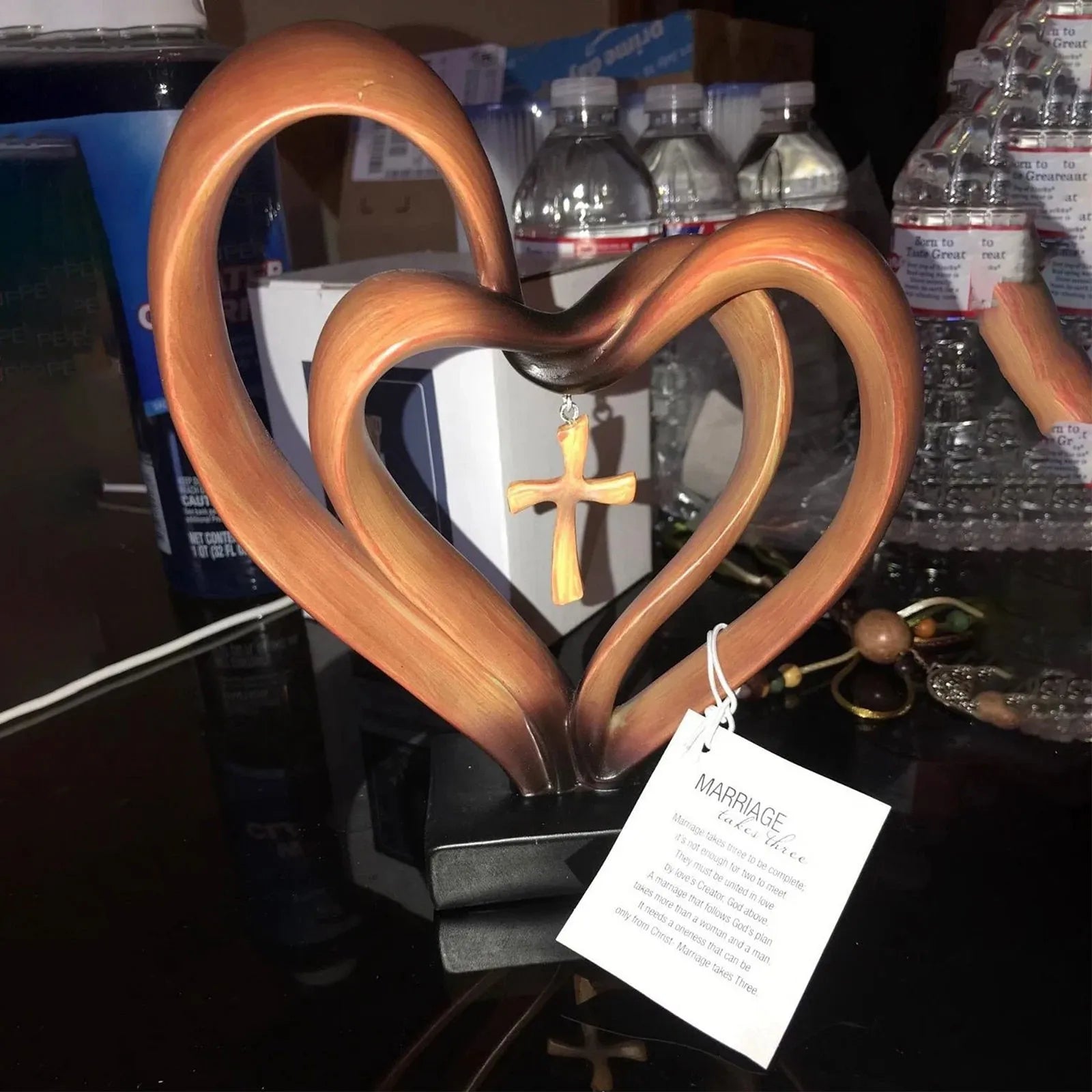Wooden Intertwined Heart Sculpture with Cross – Christian Marriage Keepsake Décor