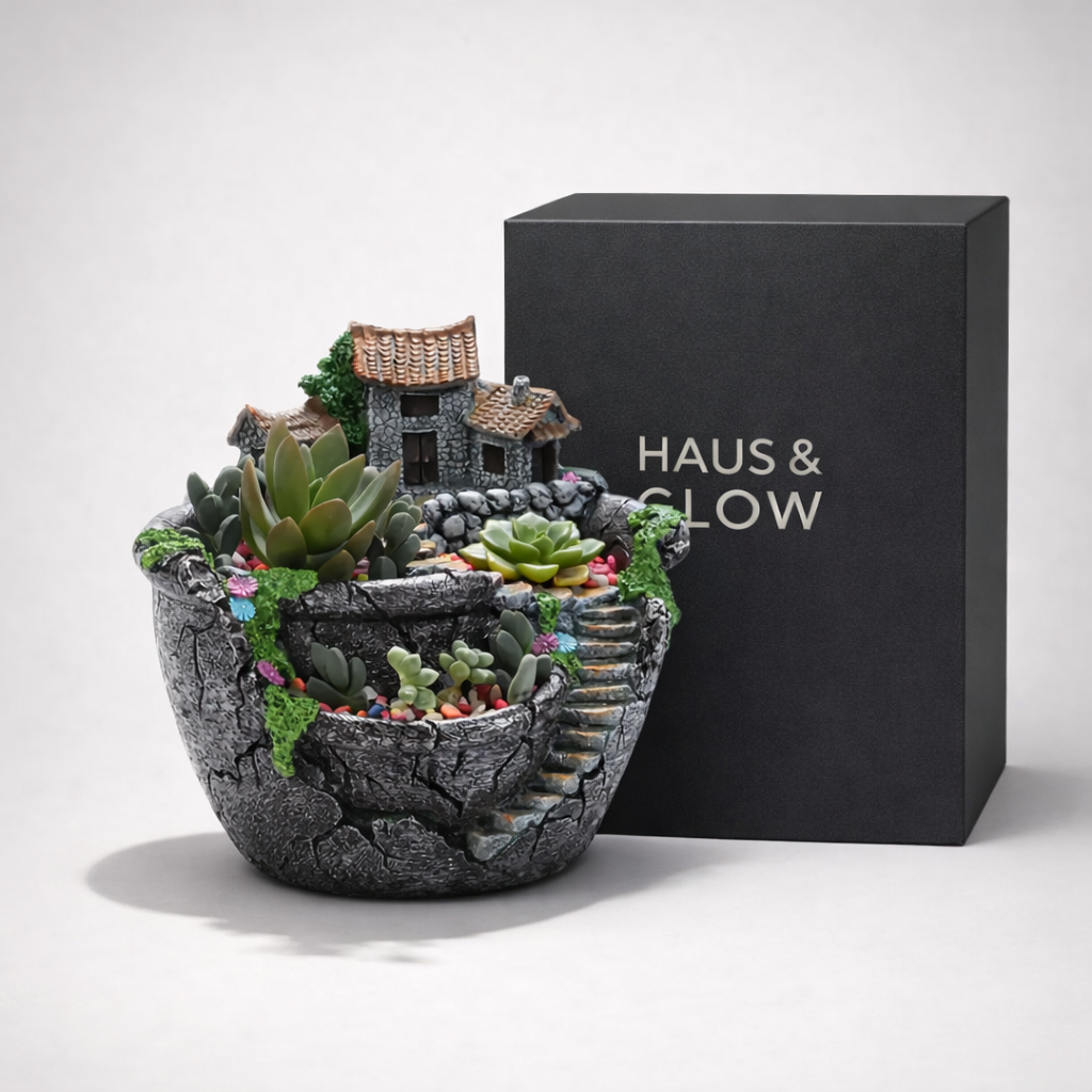 Decorative Succulent Fairy Garden Bowl with Mini House and Stone Steps