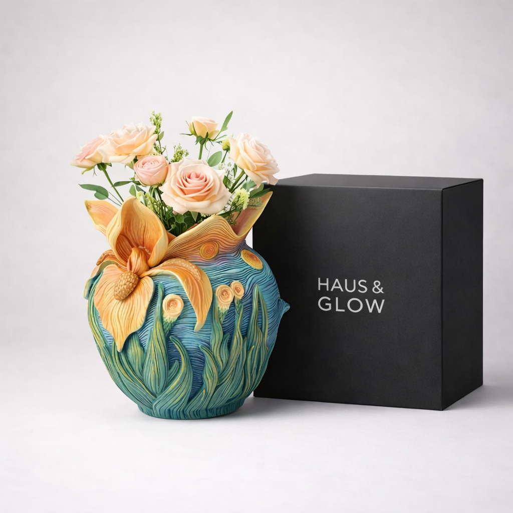 Decorative Van Goph Ceramic Art Vase with White Blossoms – Statement Home Accent