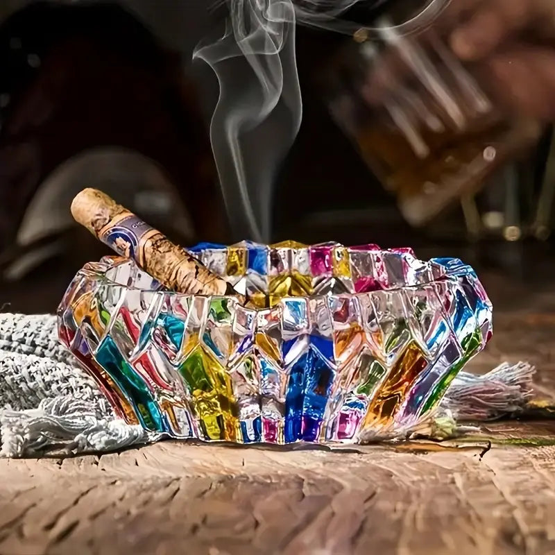 Colorful Cut Crystal Glass Ashtray – Retro Crystal Smoking Accessory for Home Decor Default Title