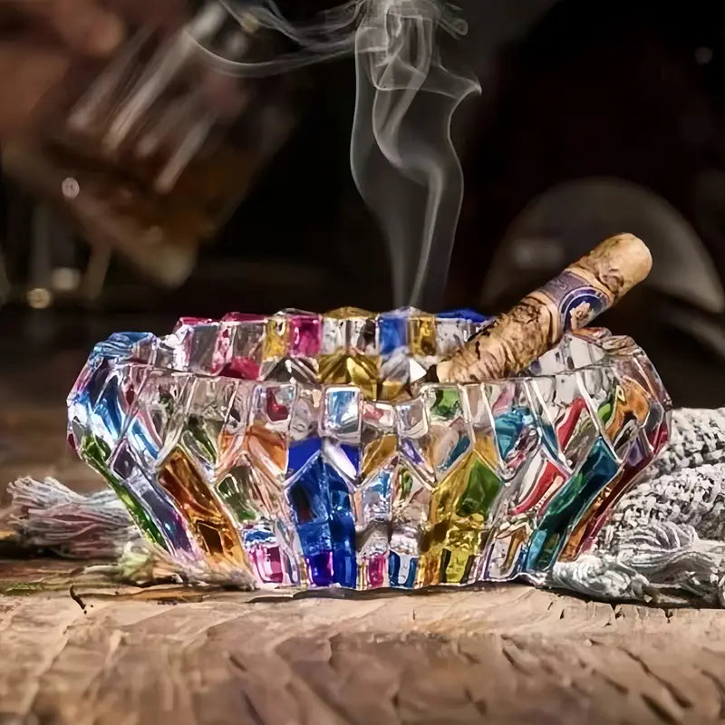 Colorful Cut Crystal Glass Ashtray – Retro Crystal Smoking Accessory for Home Decor