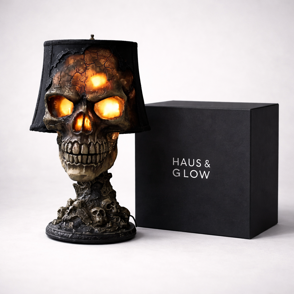 Glowing Skull Table Lamp with Cracked Shade – Gothic Home Décor Accent - Lighting