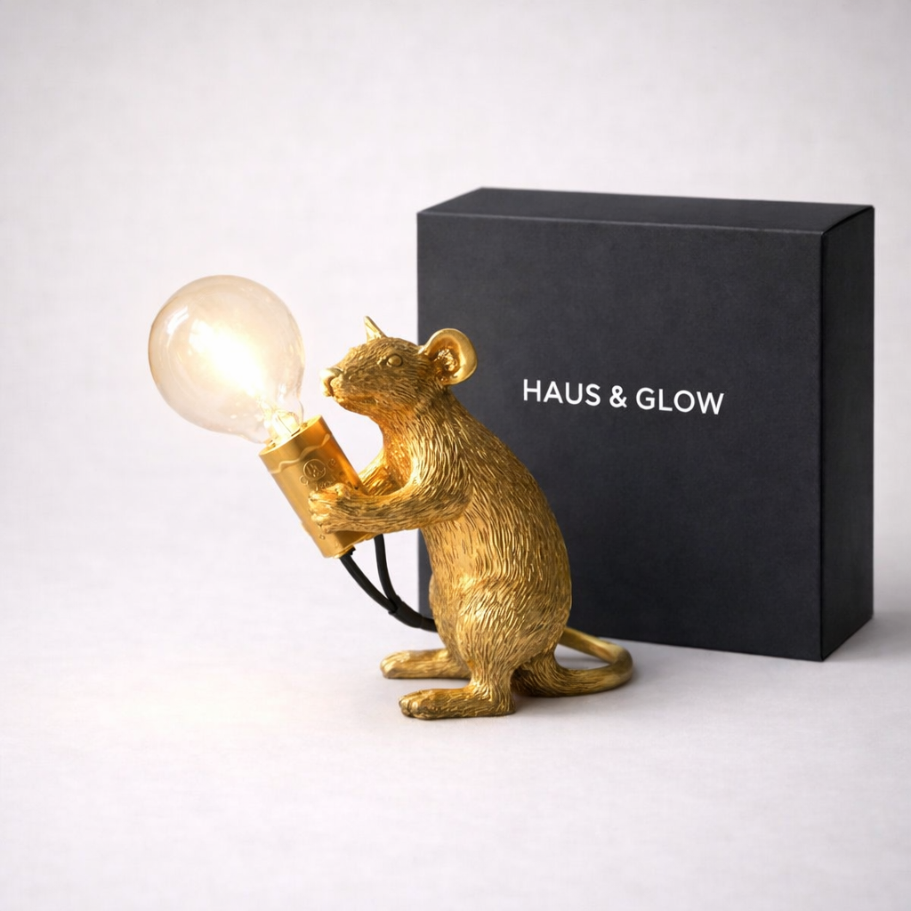 Gold Mouse Lamp Holding Light Bulb – Whimsical Decorative Table Light - Lighting