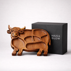Highland Cow Charcuterie Board – Wooden Grazing Platter with Divided Compartments