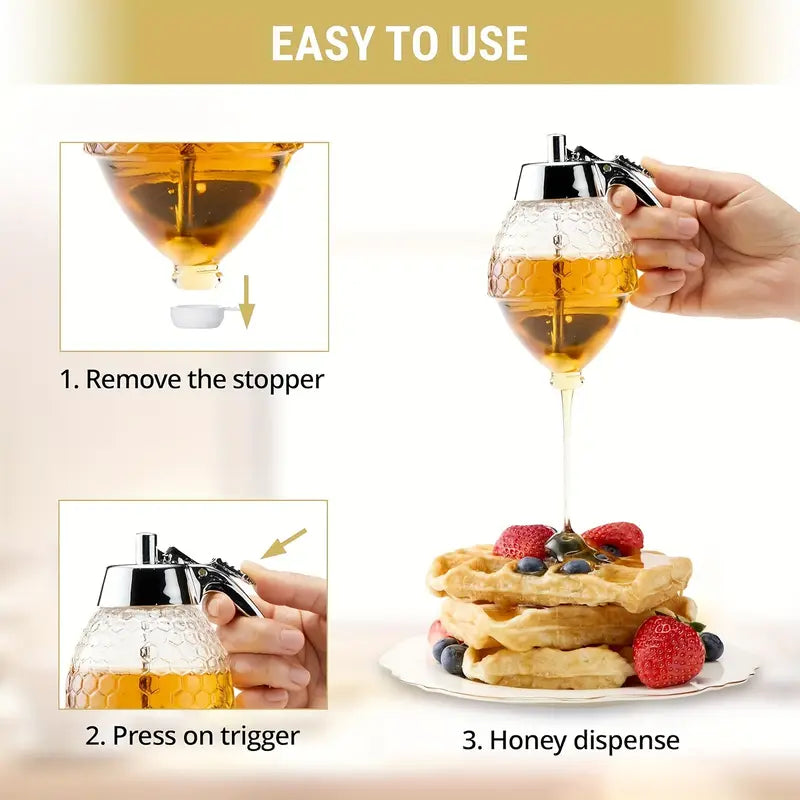 Elegant Glass Honey Dispenser with Lever – Mess-Free Honey Pourer for Kitchen & Breakfast