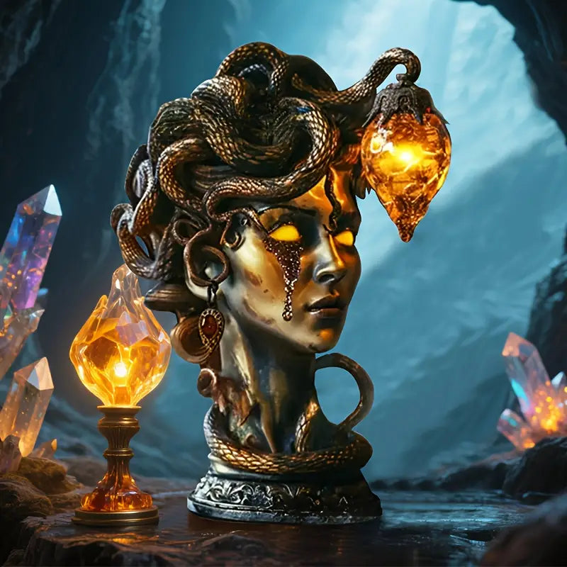 Medusa Head Lamp with Glowing Amber Crystal – Mythic Fantasy Decor Default Title
