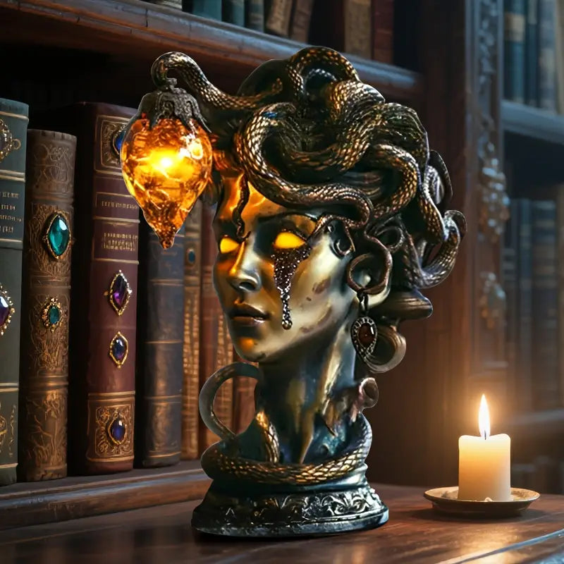 Medusa Head Lamp with Glowing Amber Crystal – Mythic Fantasy Decor
