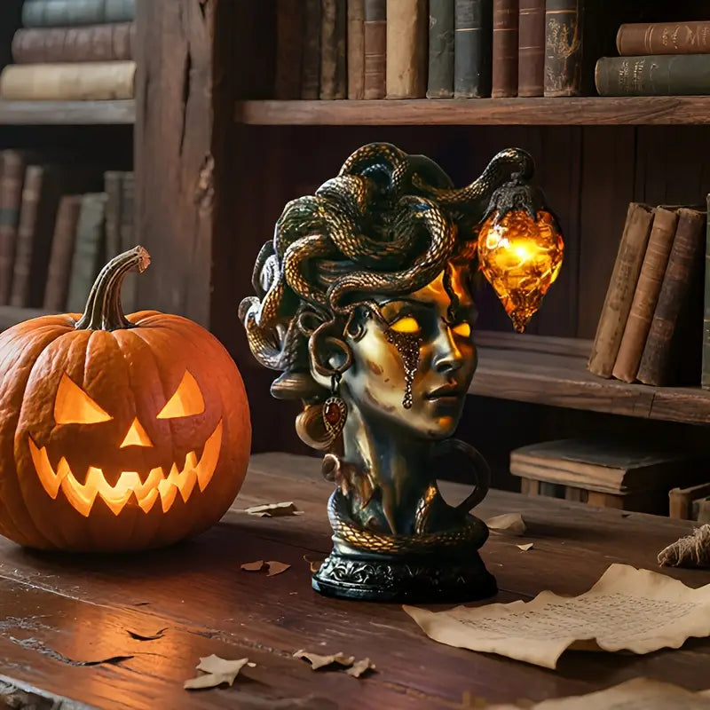 Medusa Head Lamp with Glowing Amber Crystal – Mythic Fantasy Decor