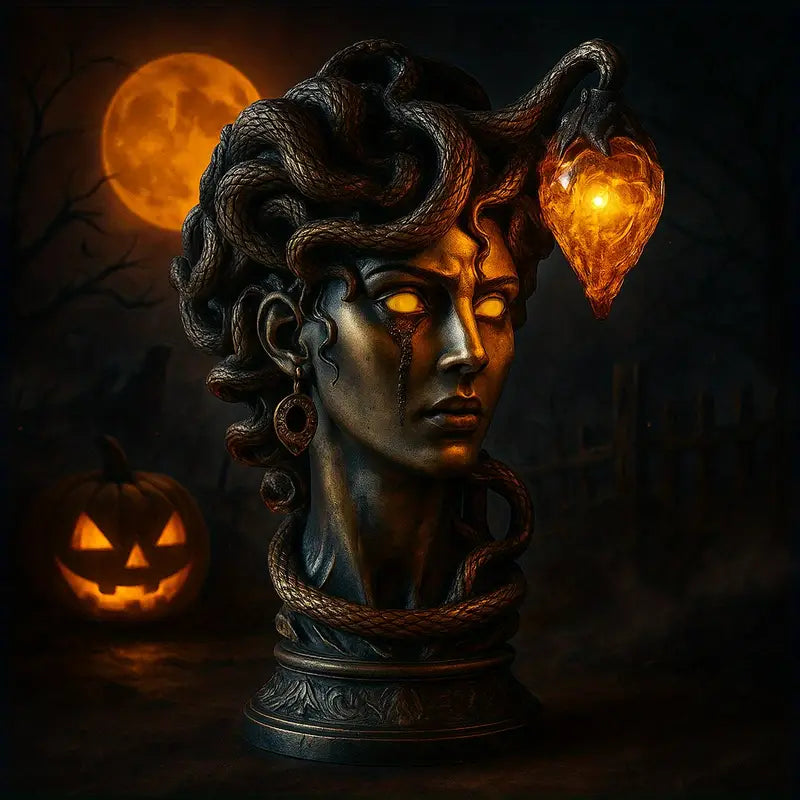 Medusa Head Lamp with Glowing Amber Crystal – Mythic Fantasy Decor