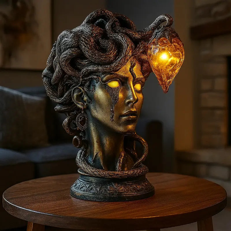 Medusa Head Lamp with Glowing Amber Crystal – Mythic Fantasy Decor