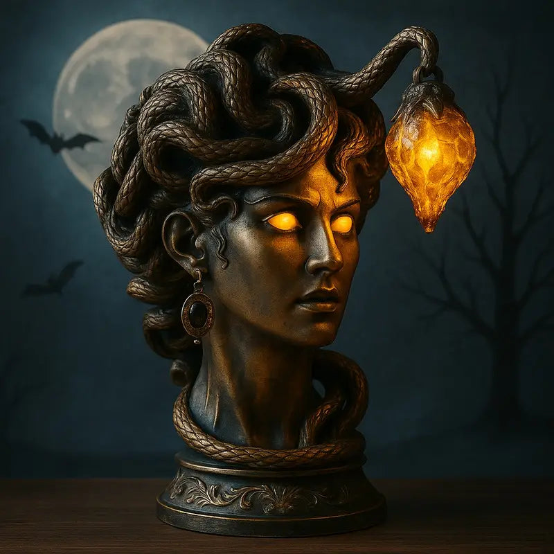 Medusa Head Lamp with Glowing Amber Crystal – Mythic Fantasy Decor