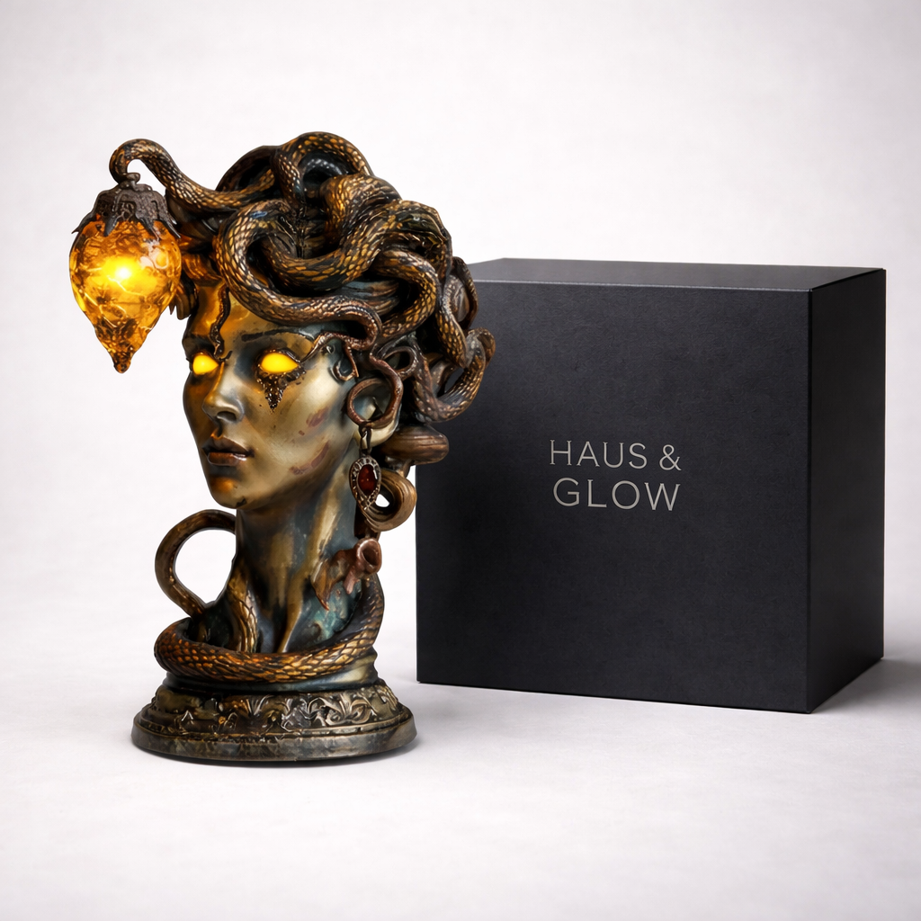 Medusa Head Lamp with Glowing Amber Crystal – Mythic Fantasy Decor