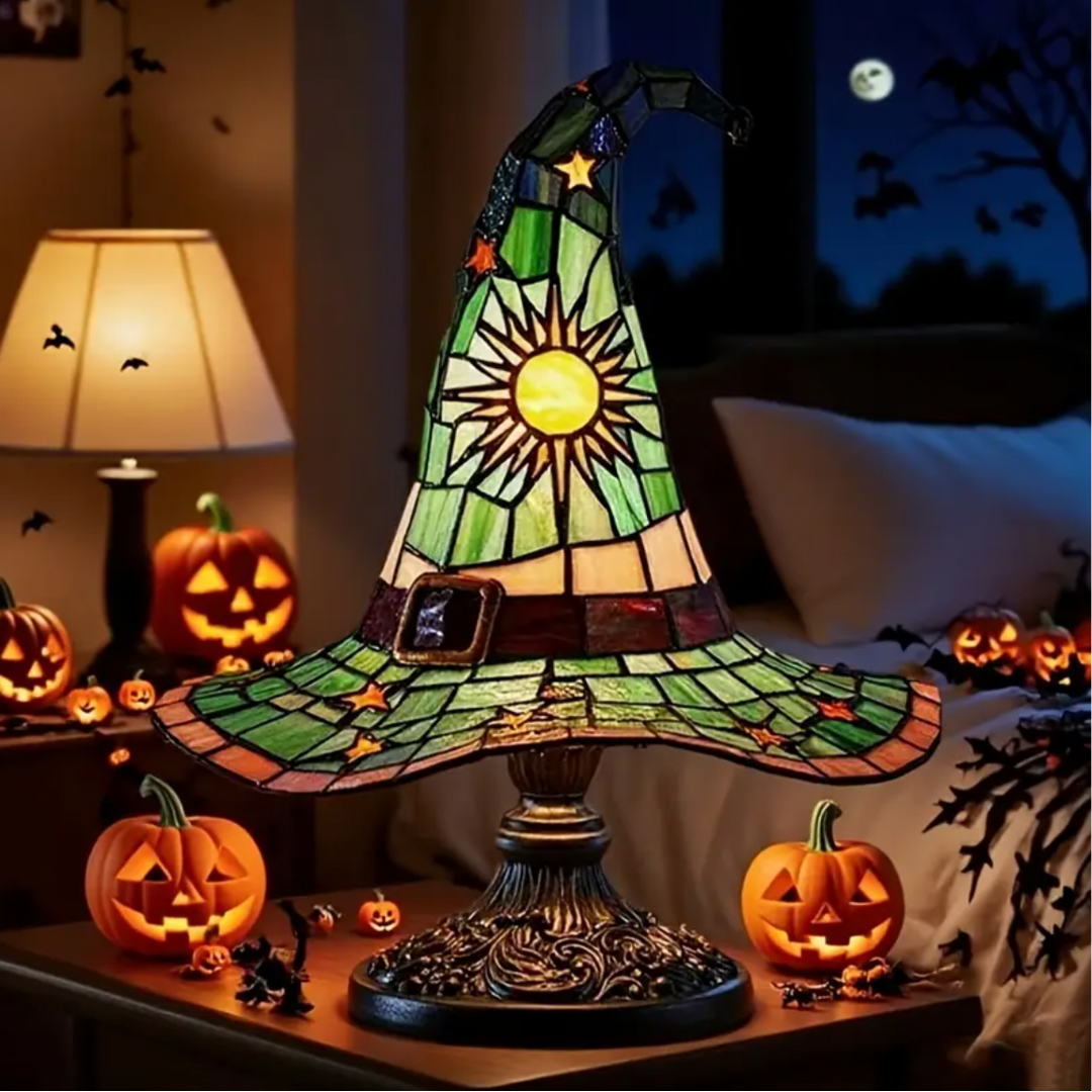 Decorative Witch Hat Lamp – Handmade Style Stained Glass Night Light for Bedroom or Reading Nook