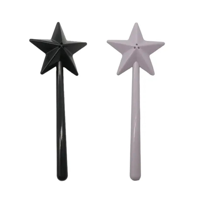 Star Wand Salt & Pepper Shakers – Fun Magic-Themed Kitchen Seasoning Set White-Black-3 holes