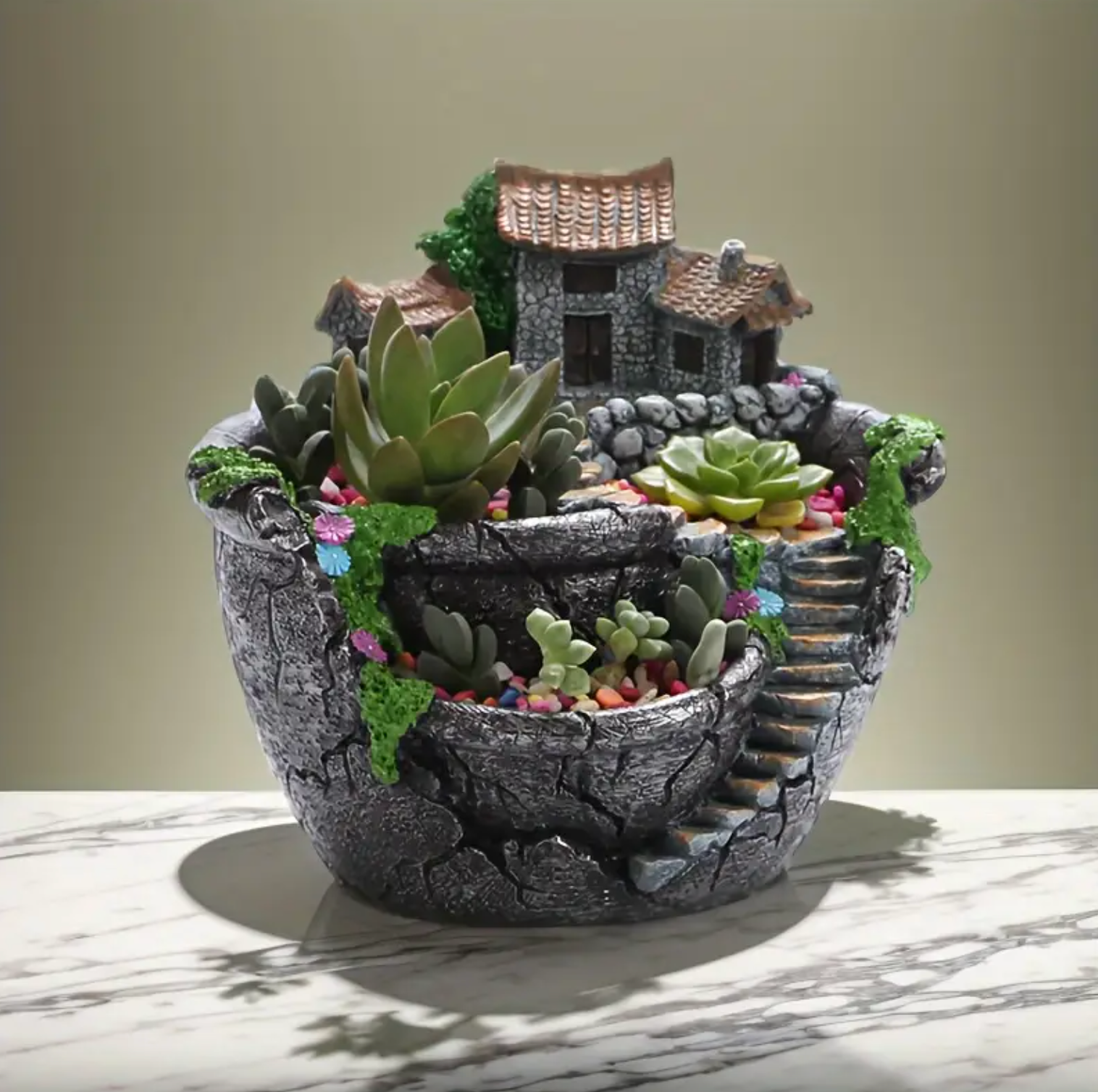 Decorative Succulent Fairy Garden Bowl with Mini House and Stone Steps