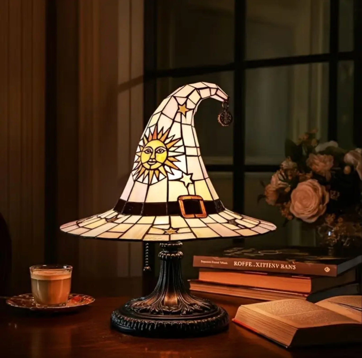 Decorative Witch Hat Lamp – Handmade Style Stained Glass Night Light for Bedroom or Reading Nook