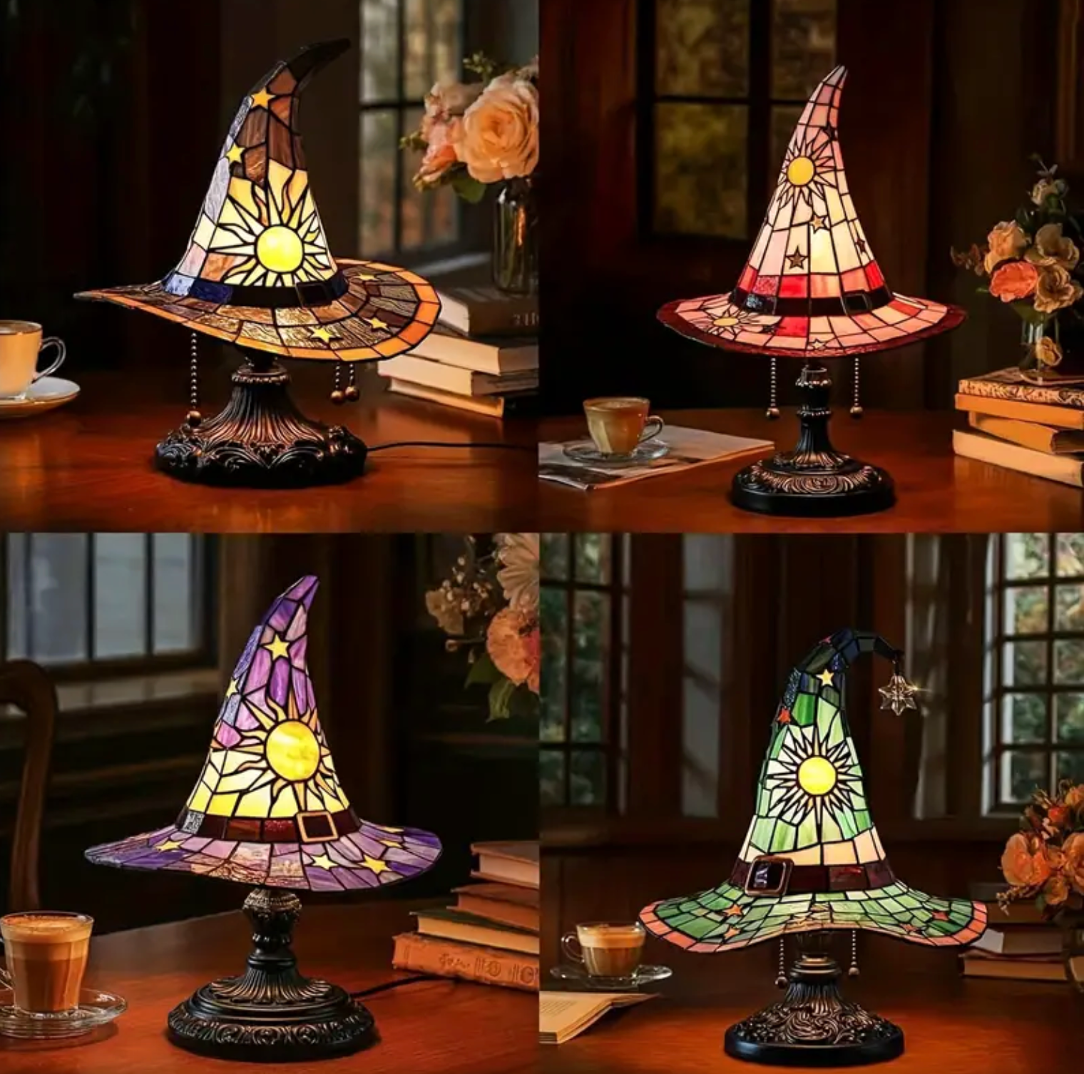 Decorative Witch Hat Lamp – Handmade Style Stained Glass Night Light for Bedroom or Reading Nook