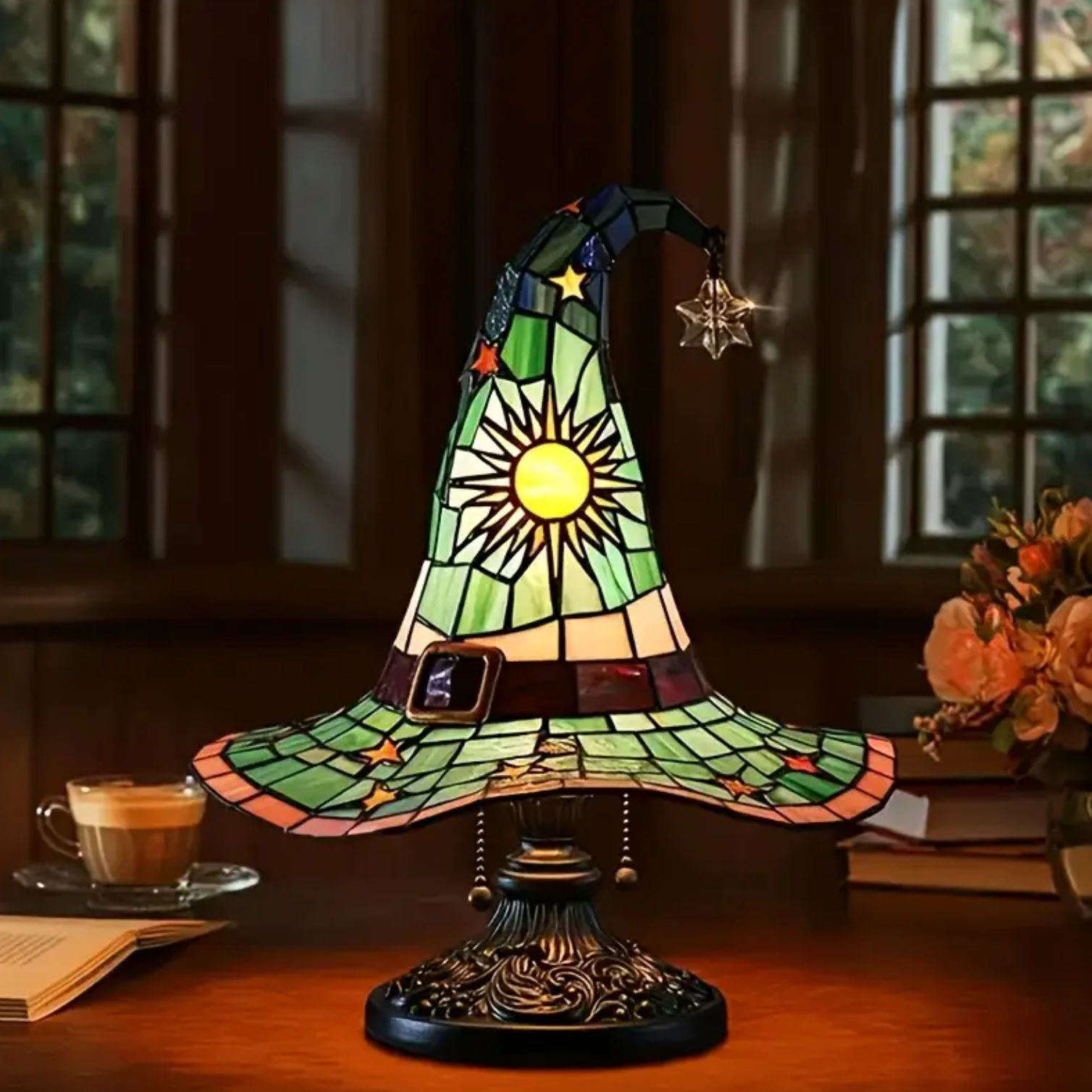 Decorative Witch Hat Lamp – Handmade Style Stained Glass Night Light for Bedroom or Reading Nook