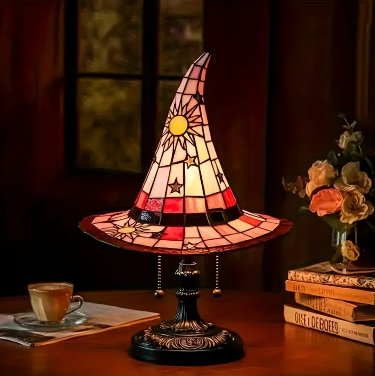 Decorative Witch Hat Lamp – Handmade Style Stained Glass Night Light for Bedroom or Reading Nook