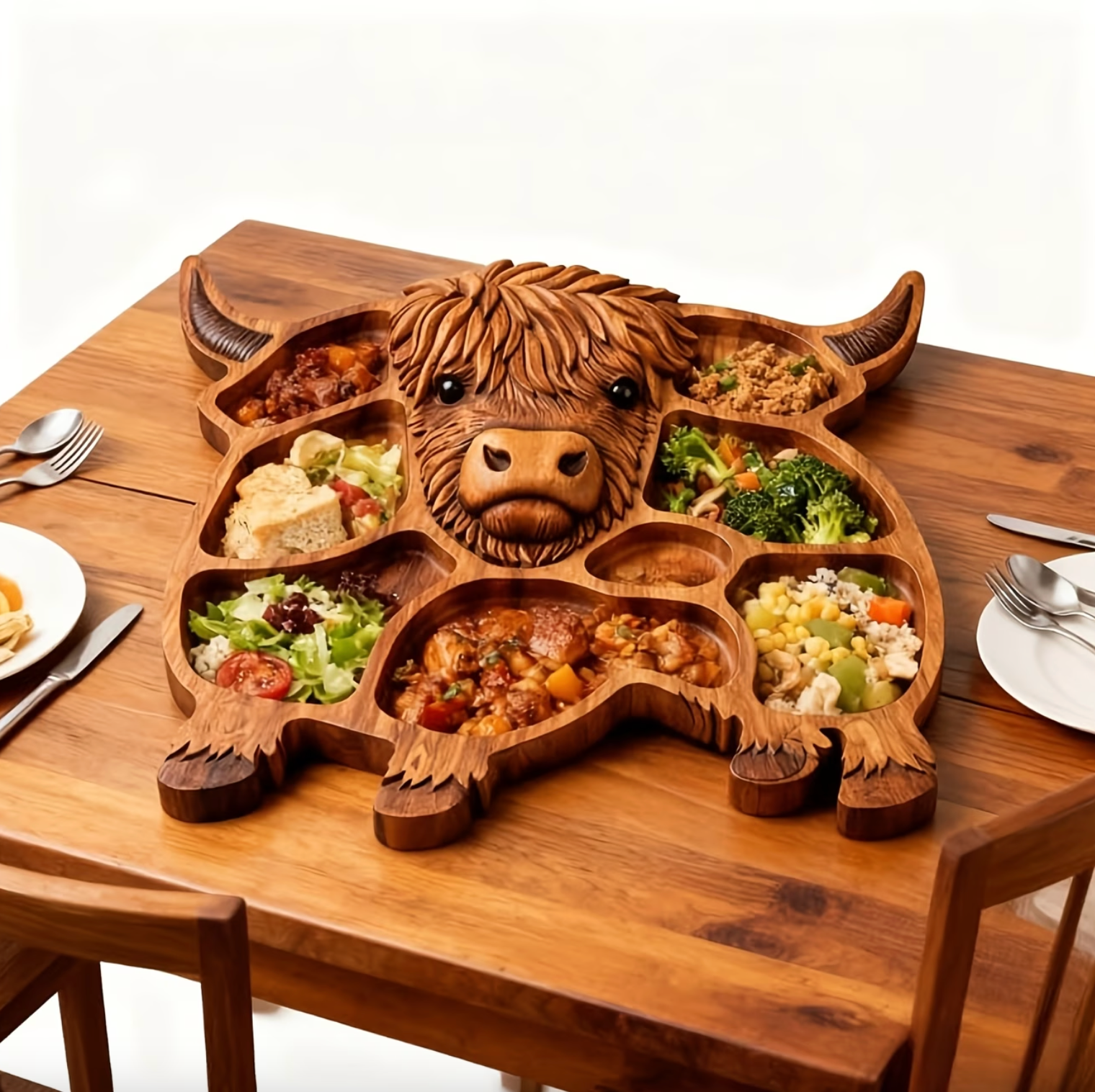 Highland Cow Charcuterie Board – Wooden Grazing Platter with Divided Compartments