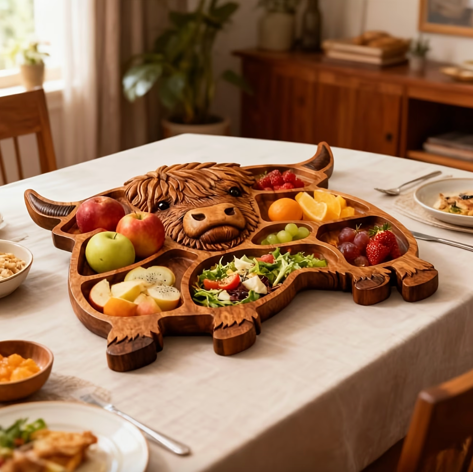 Highland Cow Charcuterie Board – Wooden Grazing Platter with Divided Compartments