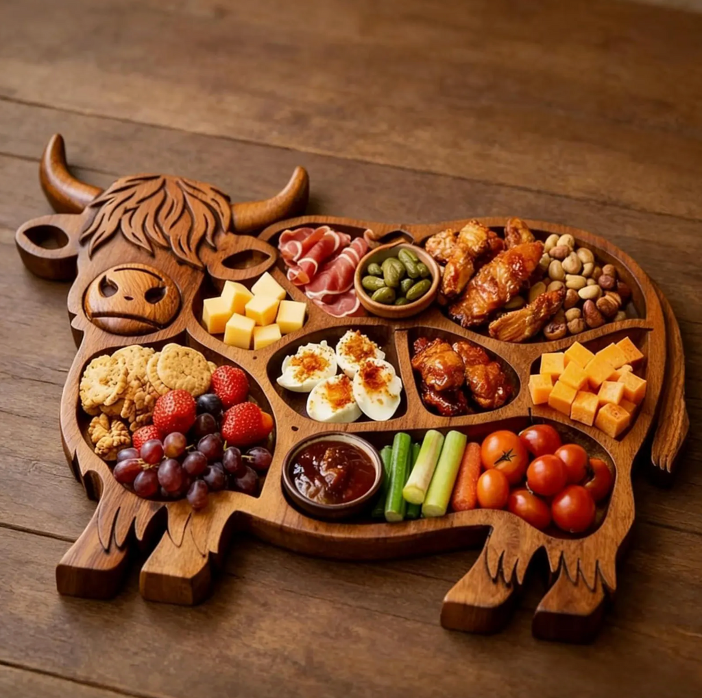 Highland Cow Charcuterie Board – Wooden Grazing Platter with Divided Compartments