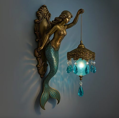 Coastal Mermaid Wall Sconce in Bronze with Blue Glass Globe Default Title