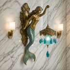 Coastal Mermaid Wall Sconce in Bronze with Blue Glass Globe