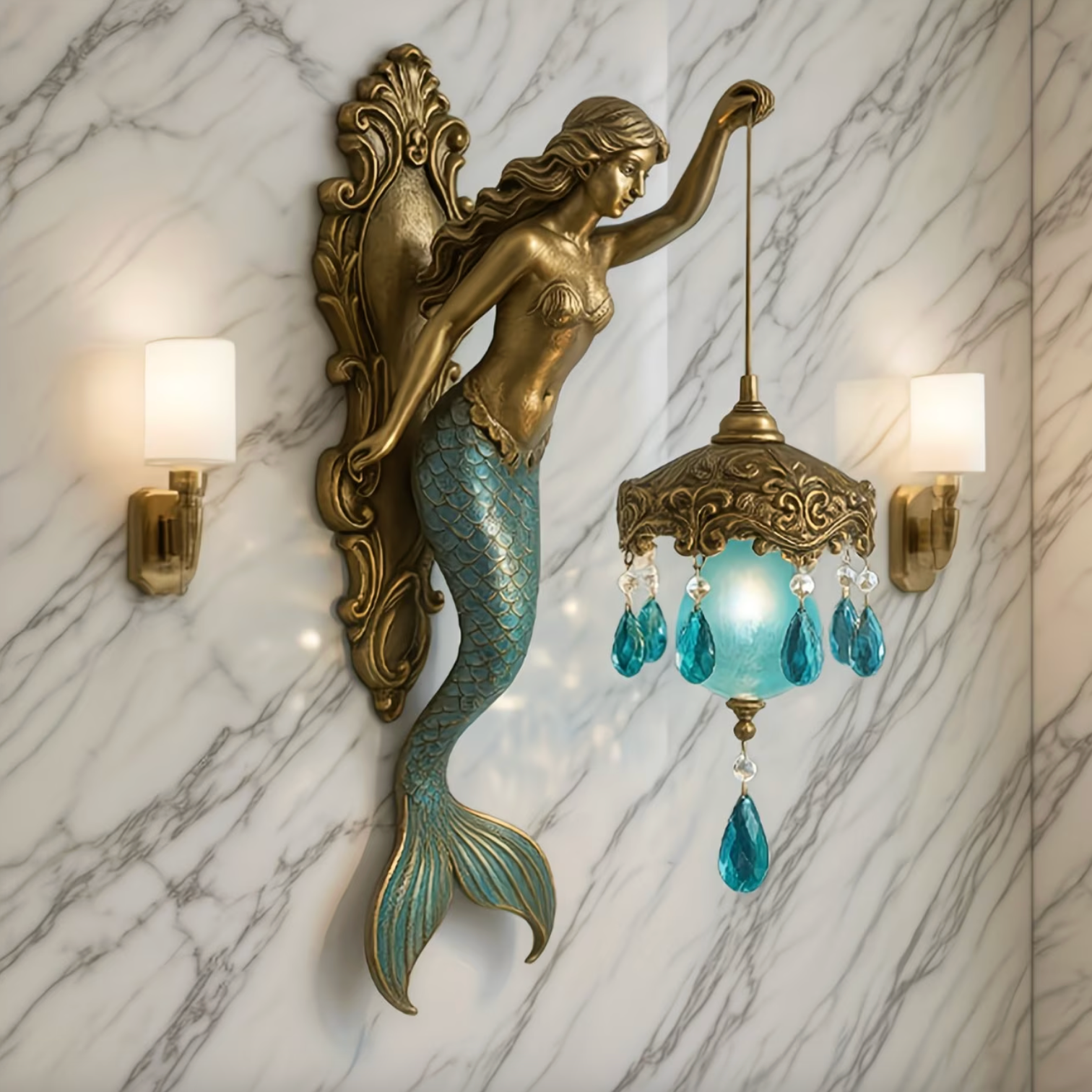Coastal Mermaid Wall Sconce in Bronze with Blue Glass Globe