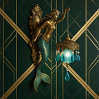 Coastal Mermaid Wall Sconce in Bronze with Blue Glass Globe