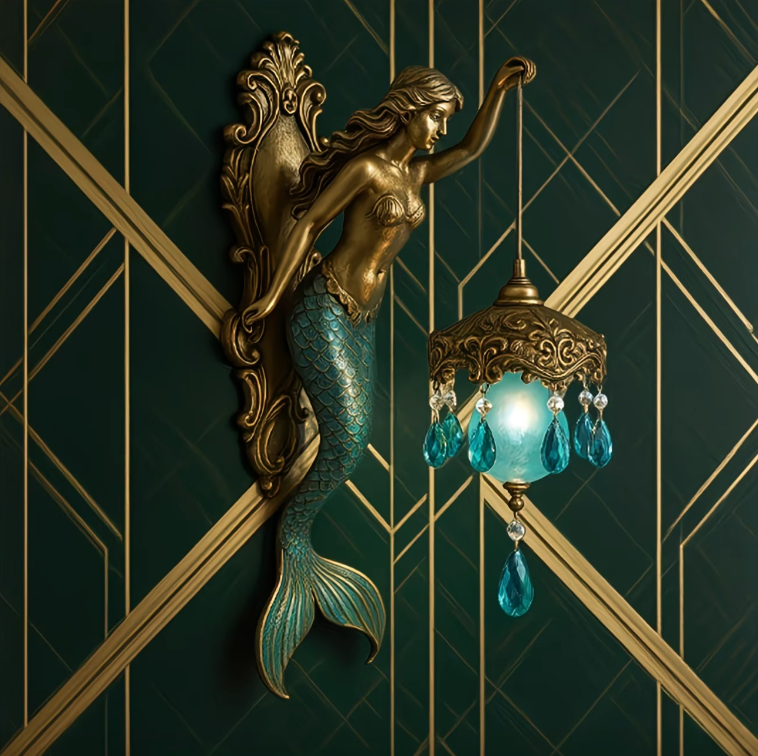Coastal Mermaid Wall Sconce in Bronze with Blue Glass Globe