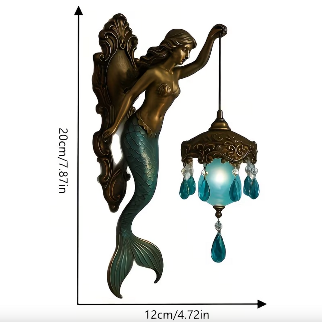 Coastal Mermaid Wall Sconce in Bronze with Blue Glass Globe