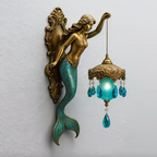 Coastal Mermaid Wall Sconce in Bronze with Blue Glass Globe
