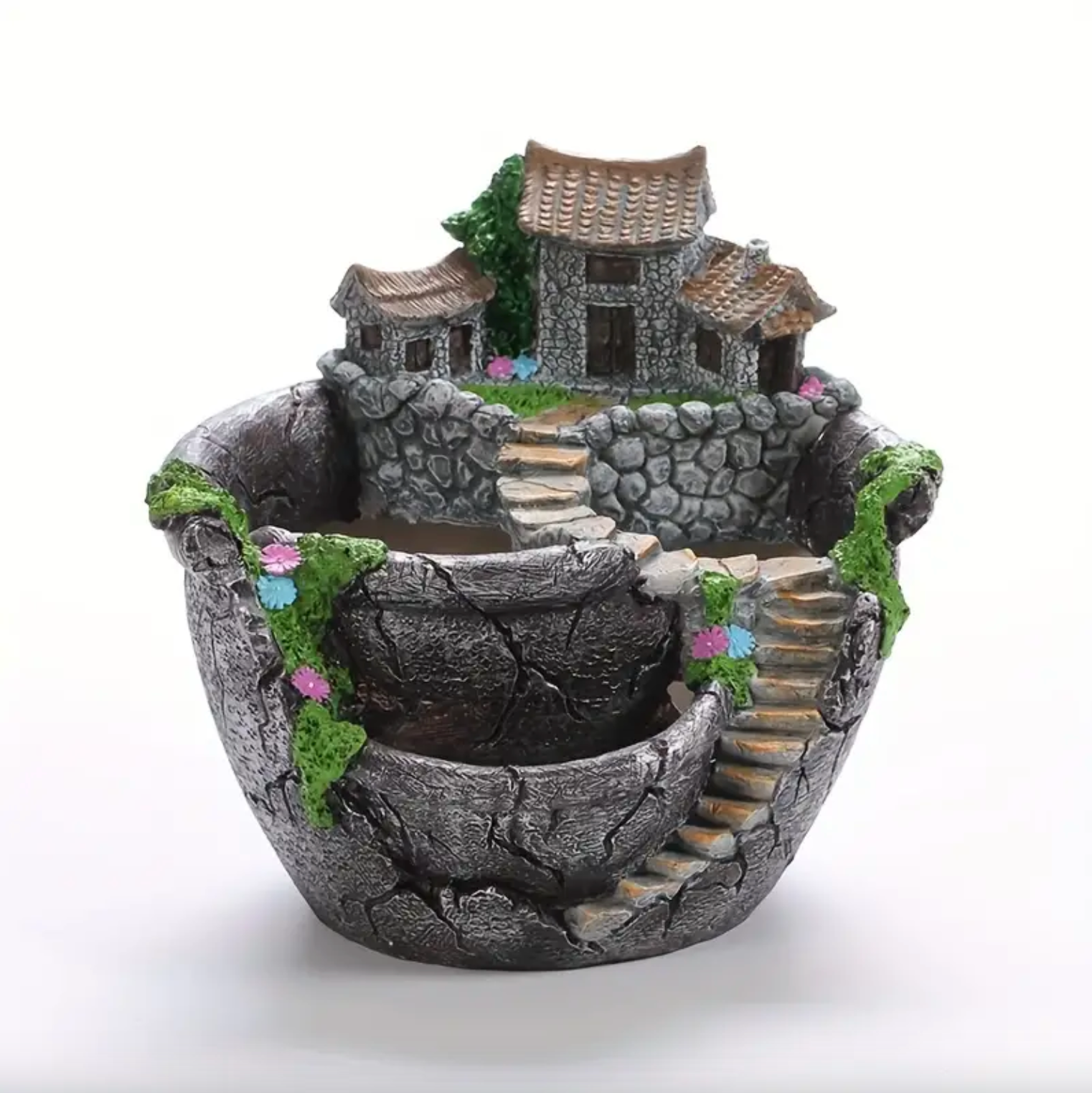 Decorative Succulent Fairy Garden Bowl with Mini House and Stone Steps Aged Silver