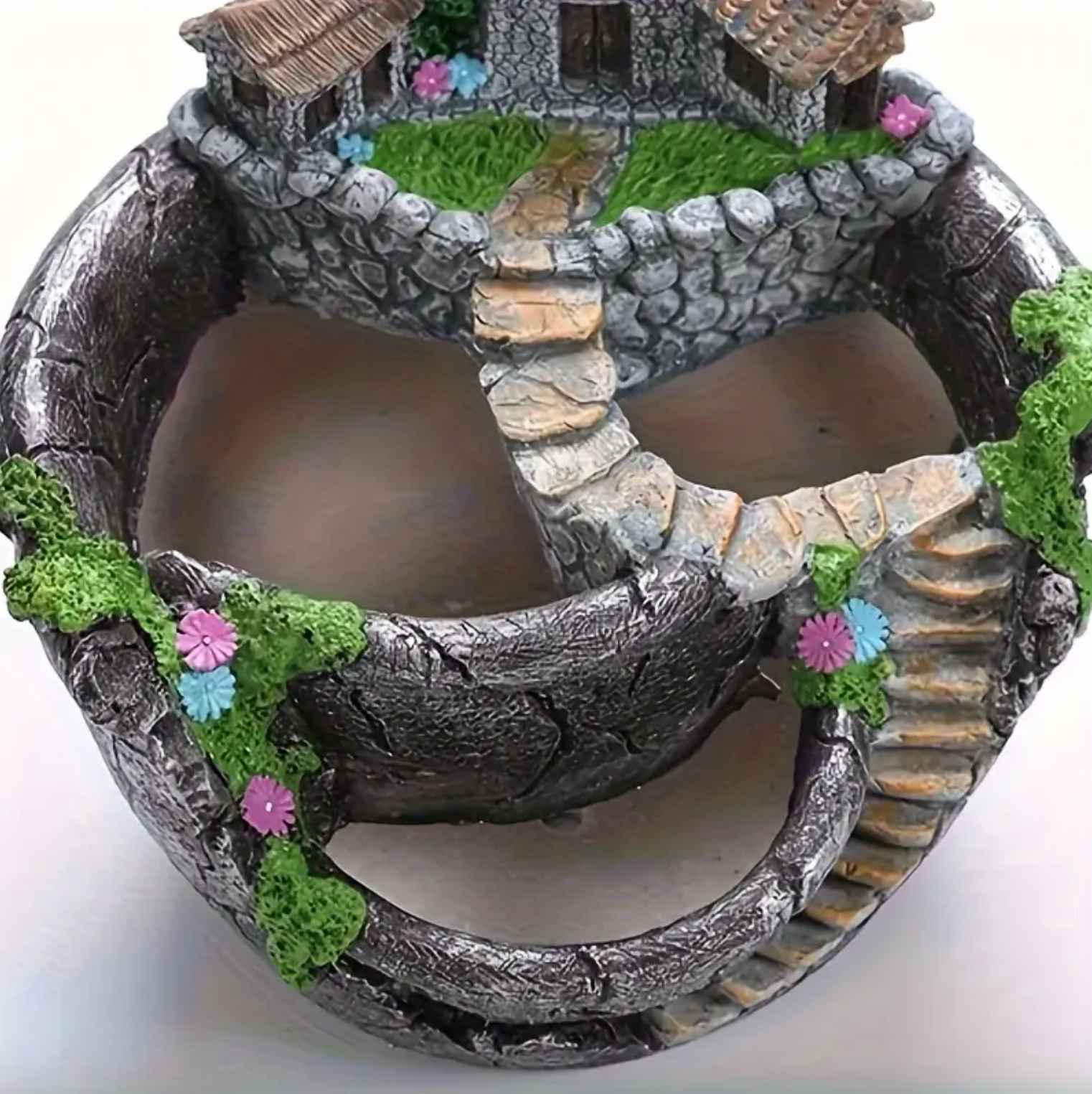 Decorative Succulent Fairy Garden Bowl with Mini House and Stone Steps