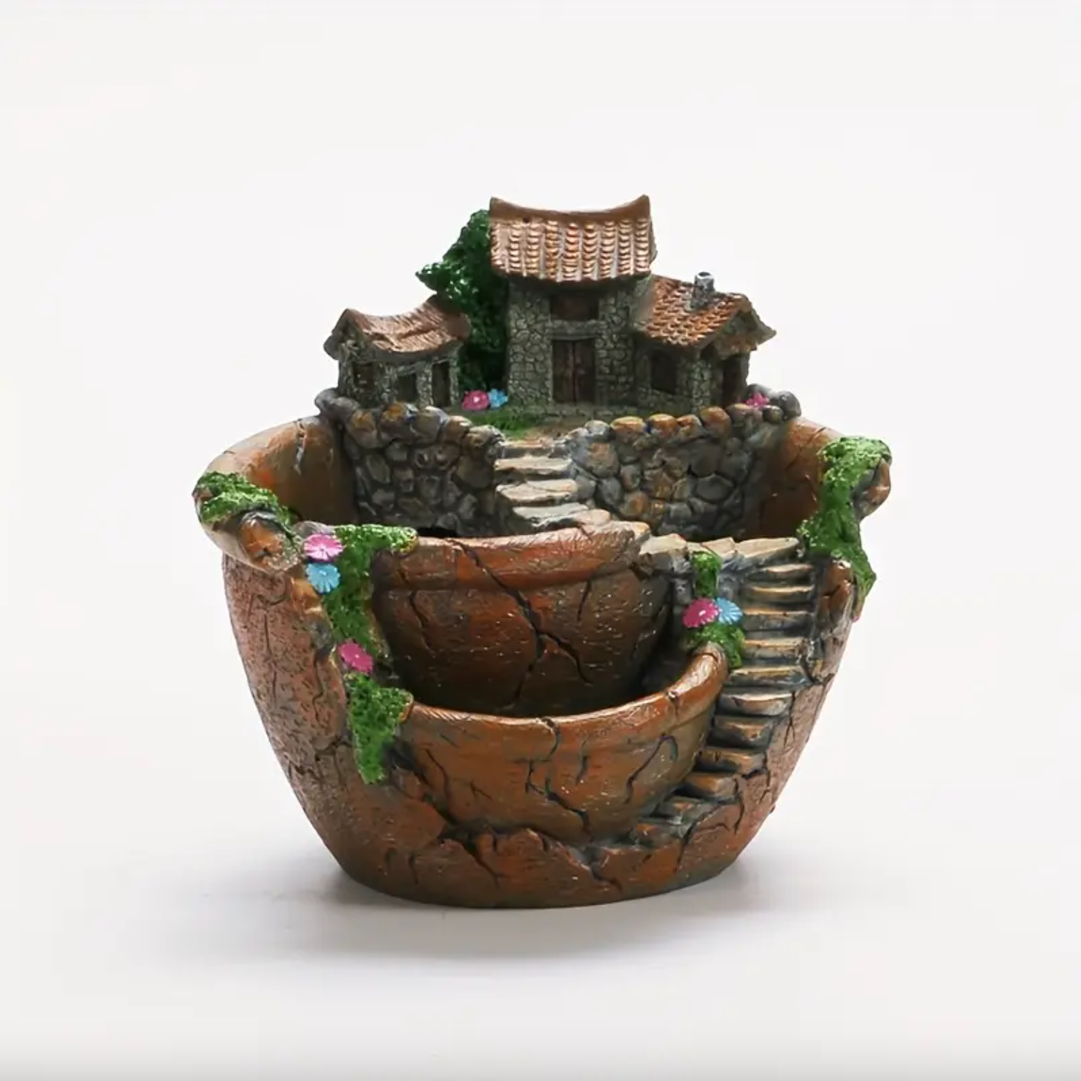 Decorative Succulent Fairy Garden Bowl with Mini House and Stone Steps Terracotta Orange