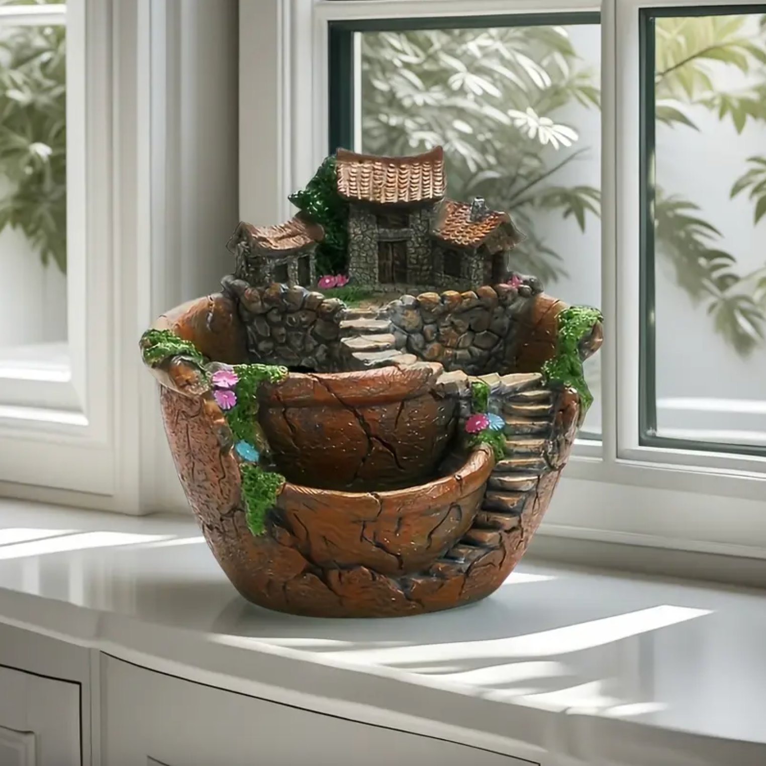 Decorative Succulent Fairy Garden Bowl with Mini House and Stone Steps
