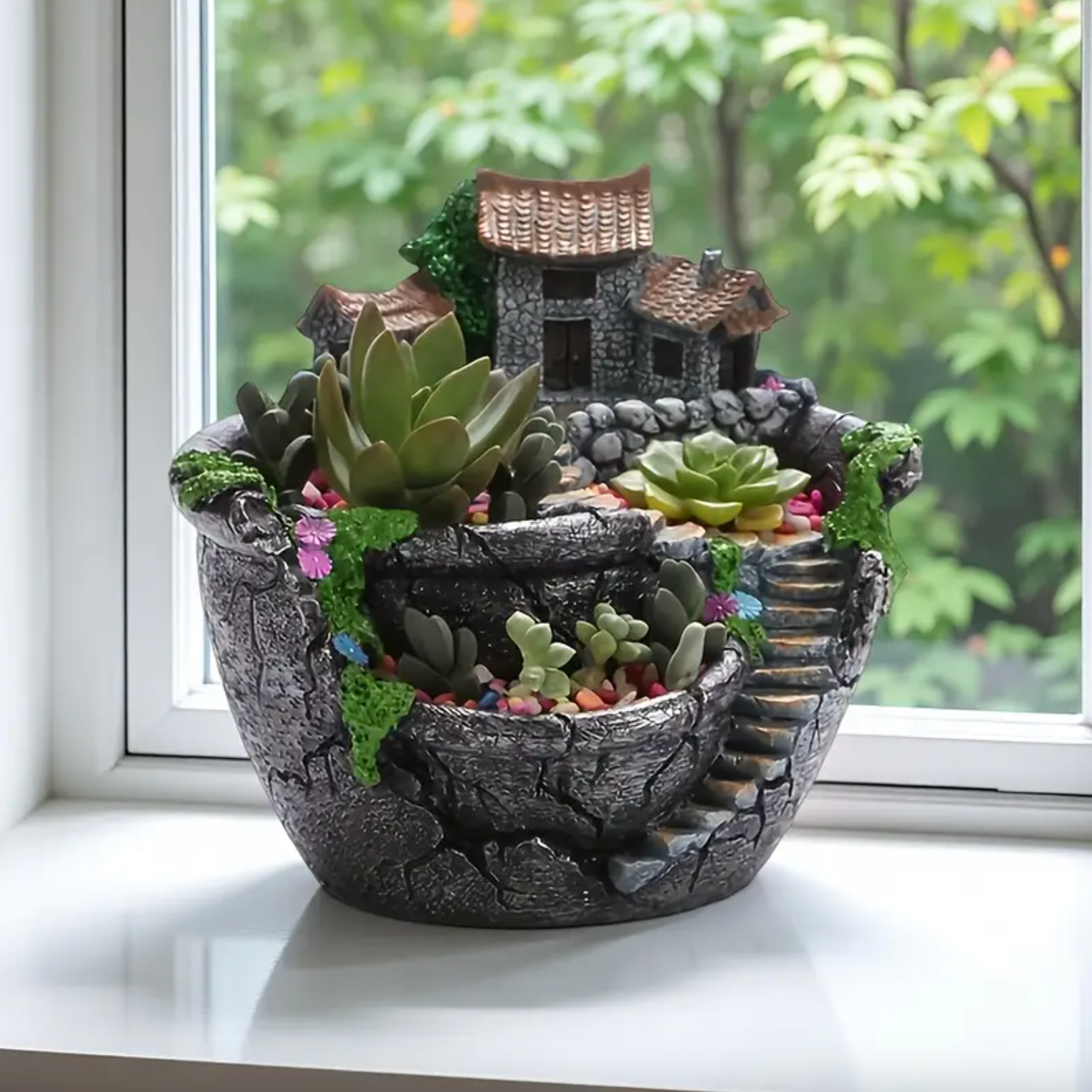 Decorative Succulent Fairy Garden Bowl with Mini House and Stone Steps