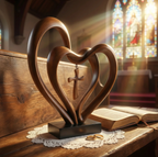 Wooden Intertwined Heart Sculpture with Cross – Christian Marriage Keepsake Décor