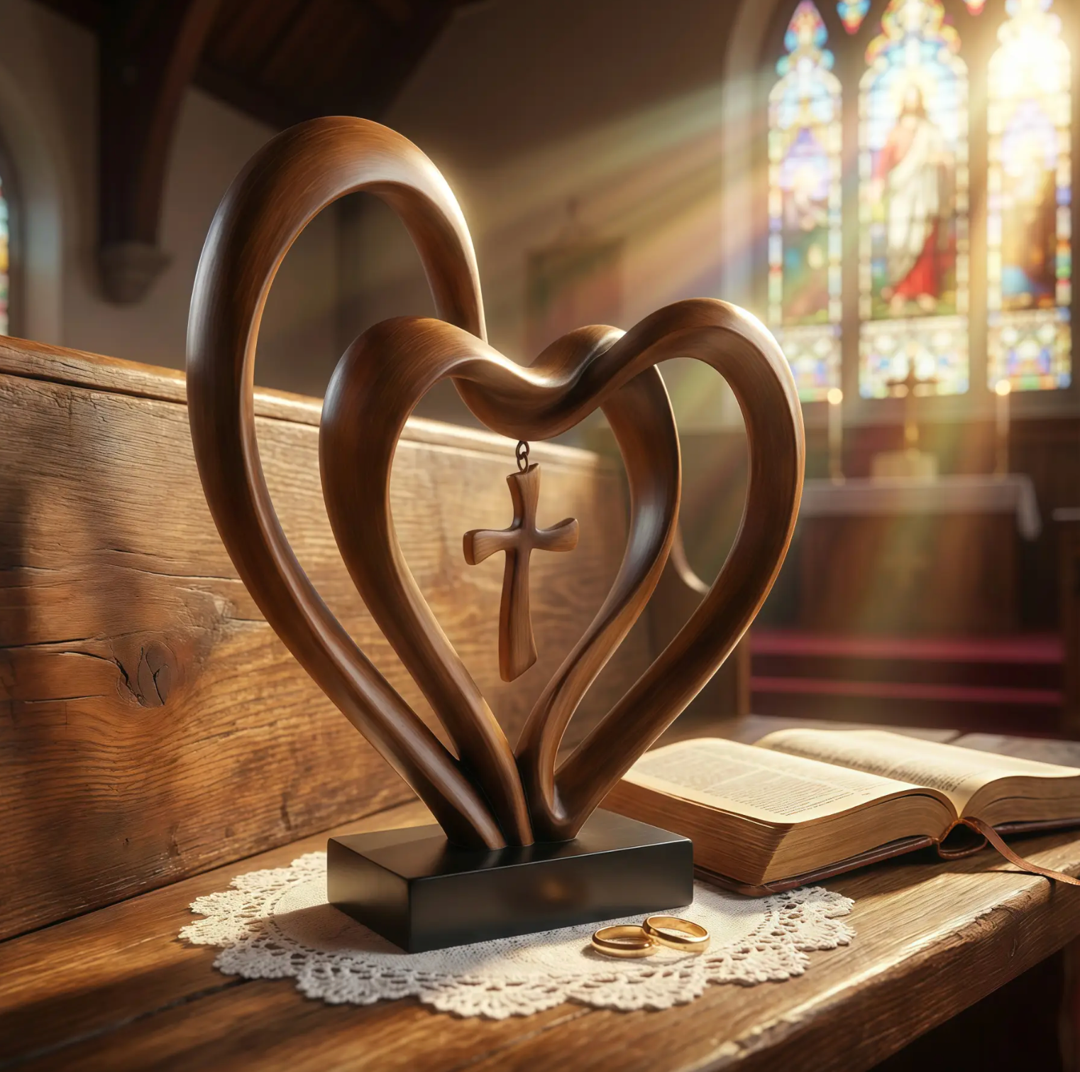 Wooden Intertwined Heart Sculpture with Cross – Christian Marriage Keepsake Décor