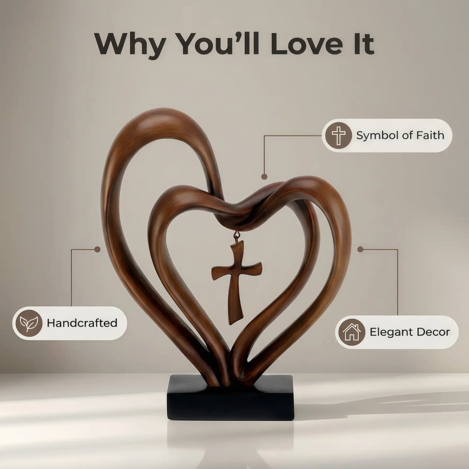 Wooden Intertwined Heart Sculpture with Cross – Christian Marriage Keepsake Décor
