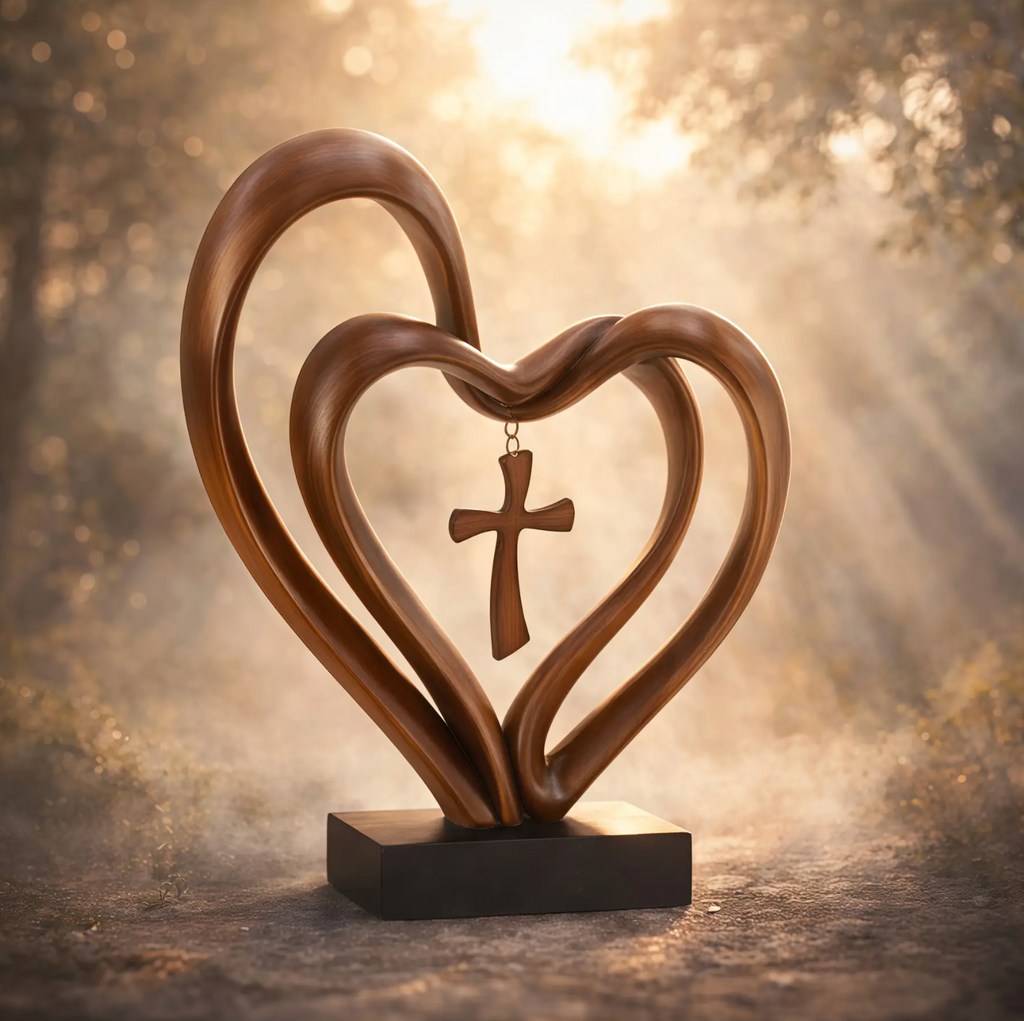 Wooden Intertwined Heart Sculpture with Cross – Christian Marriage Keepsake Décor